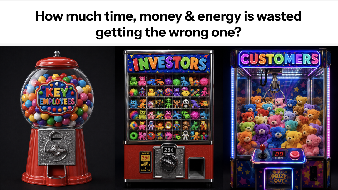 Three arcade machines labeled Key Employees, Investors and Customers, illustrating how often the right match is left to chance