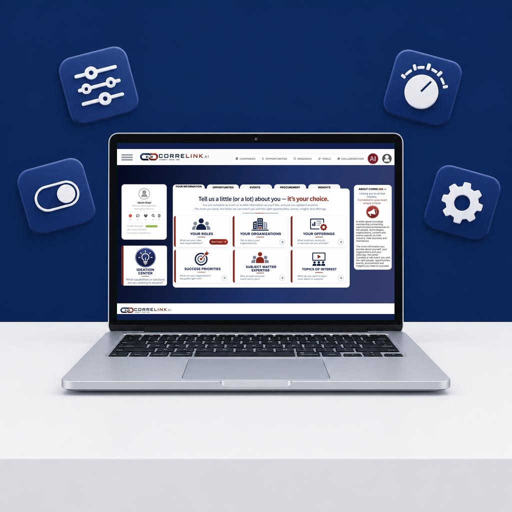 A laptop showing the Correlink.ai profile page where members set their own criteria