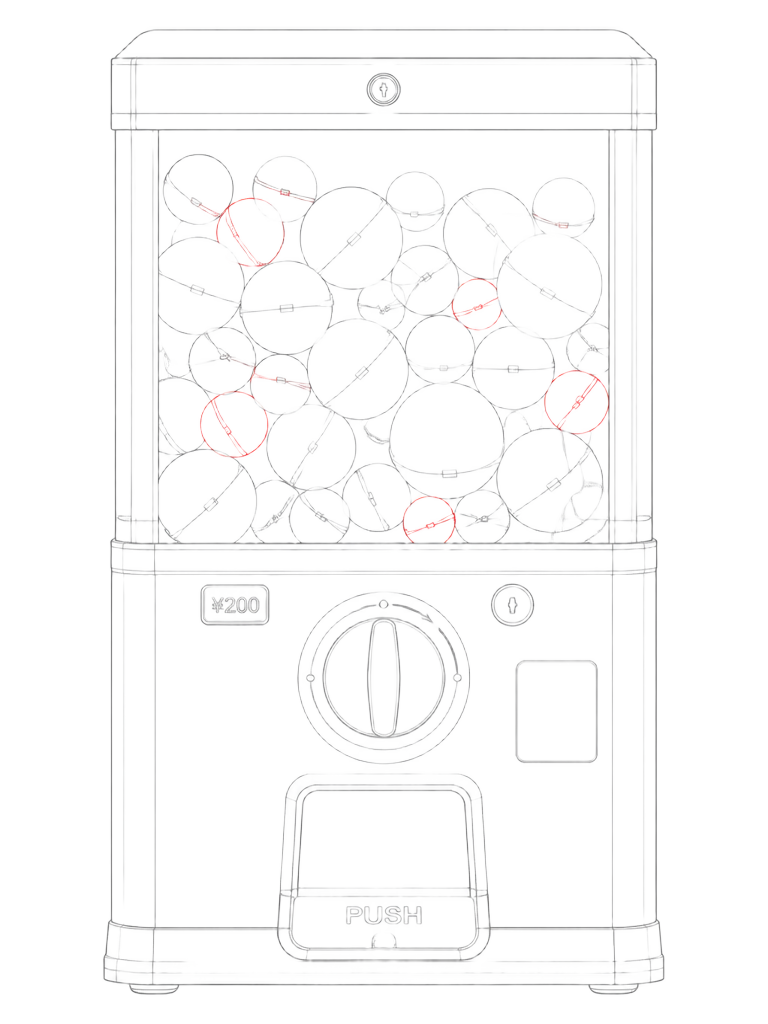 Line drawing of a toy capsule vending machine filled with assorted capsules