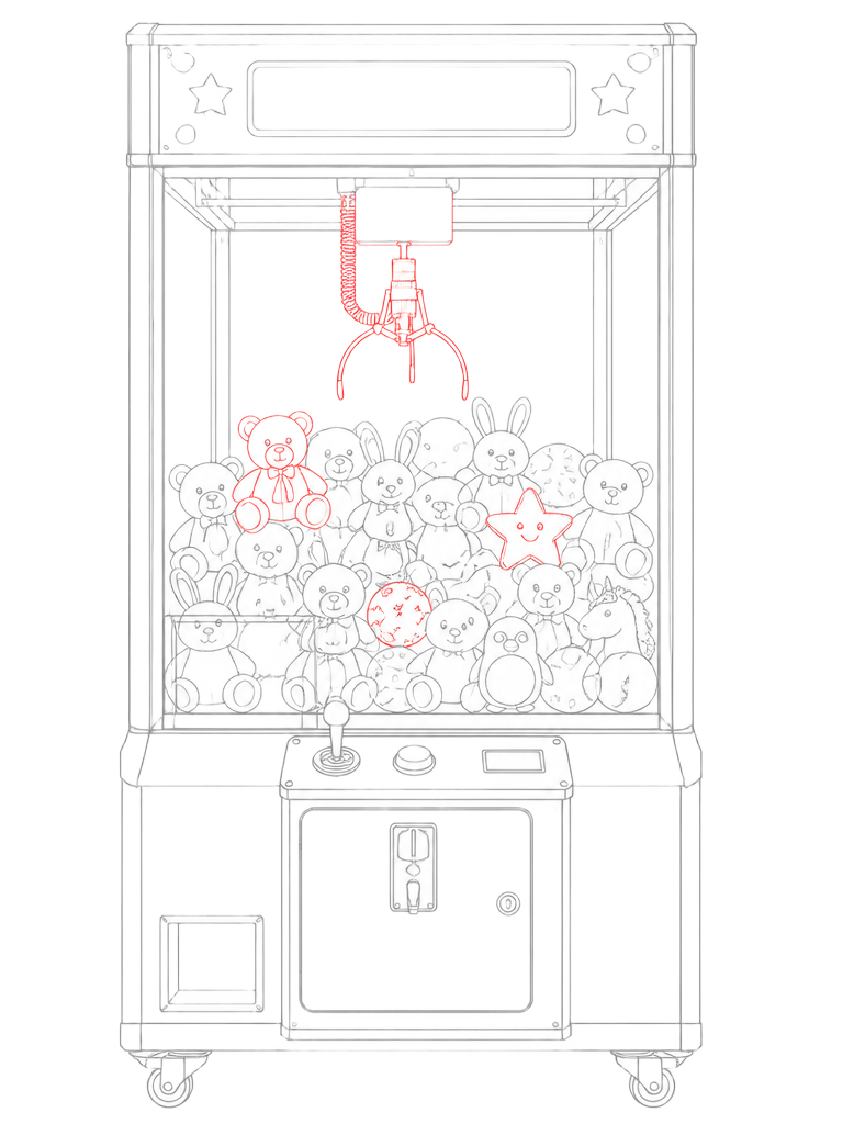 Line drawing of an arcade claw crane machine above a heap of varied plush toys