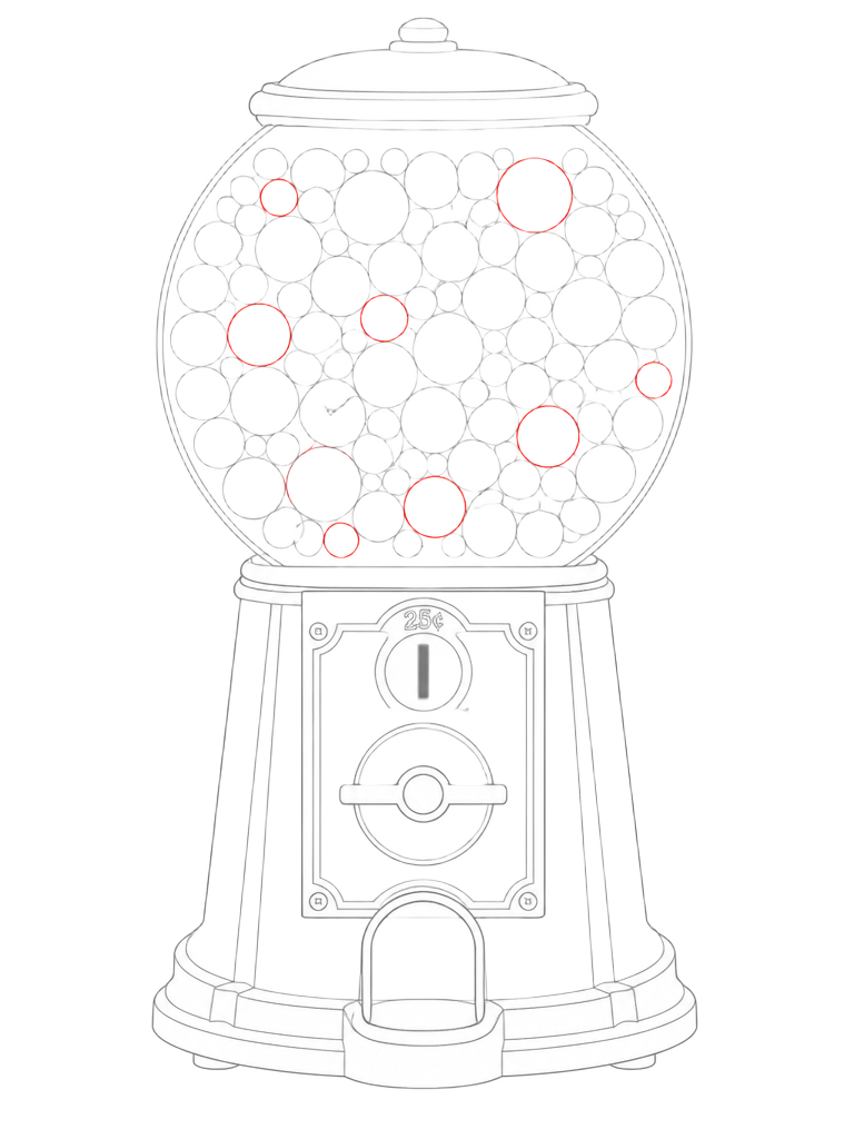 Line drawing of a gumball machine packed with gumballs of many different sizes